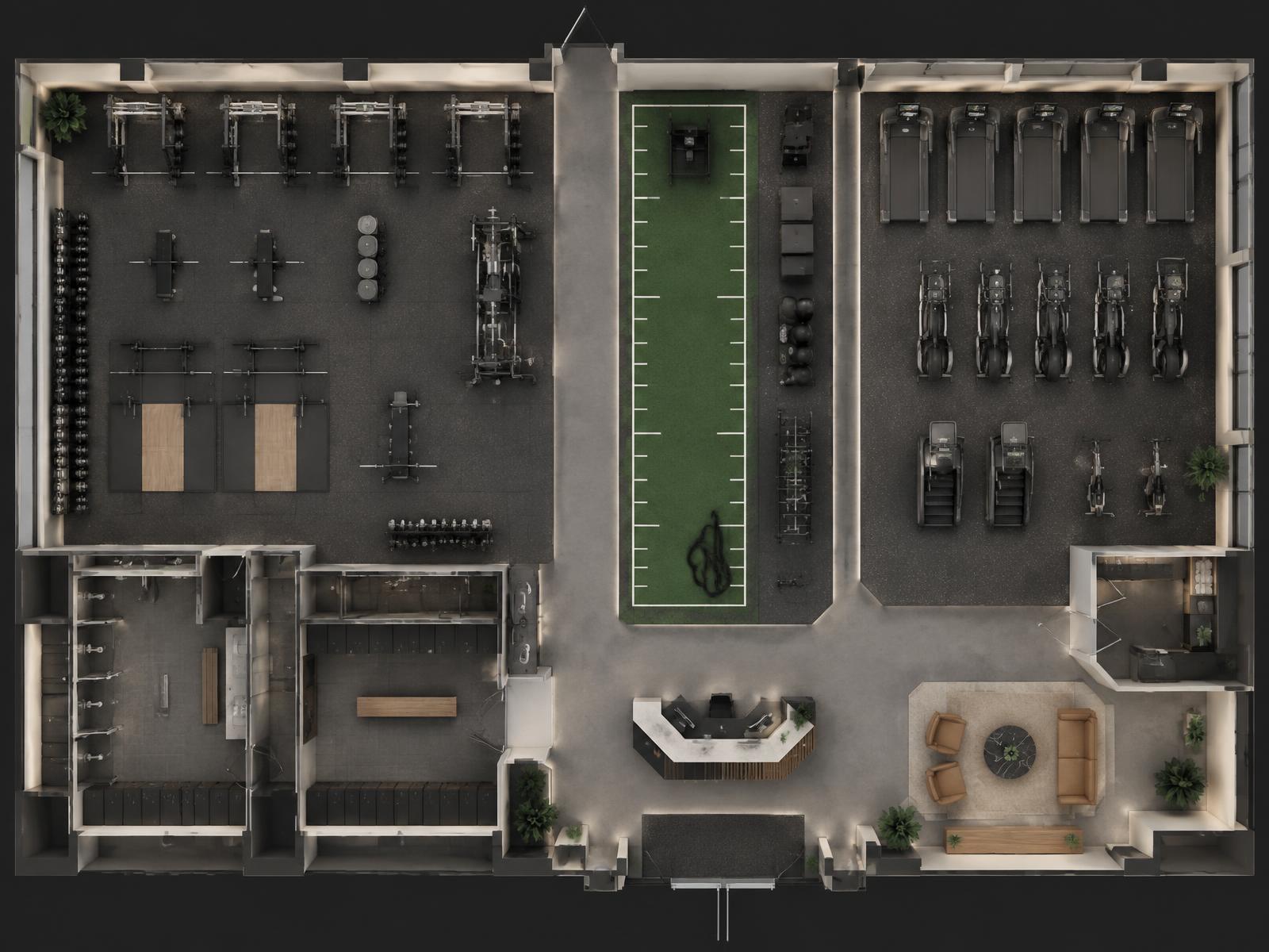 Overhead gym layout showing strength, circulation, flooring and member zones